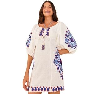 Farm Rio White Embroidered Puff Sleeve Mini Dress Boho Resort Vacation Medium